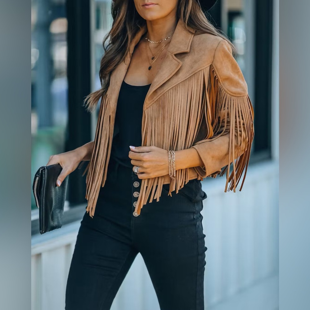BEST SELLER NWT TAN Western Boho Fringed Faux Suede Jacket RODEO OOTD - Picture 1 of 6